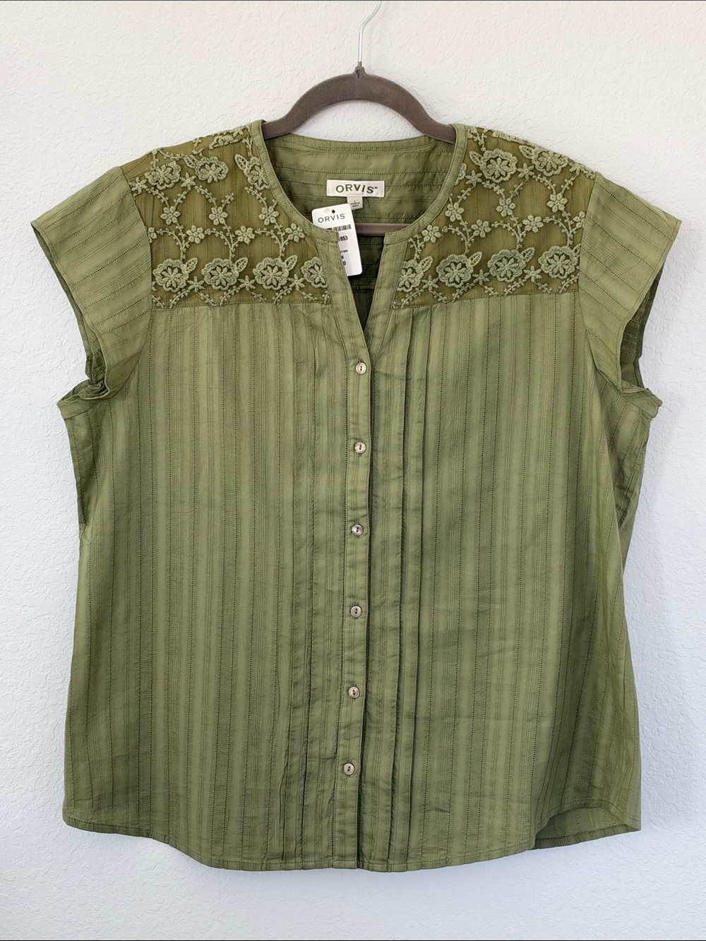 Orvis Lace Yoke Blouse Women’s L Green 100% Cotton Cap Sleeve NWT